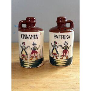 Vintage Ceramic Cinnamon & Paprika Spice Shakers Folk Art Handled Jugs Set Of 2